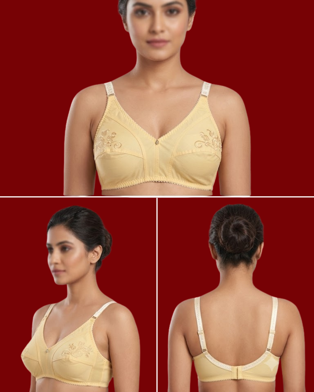 Light Yellow Embroidered Non-Padded Cotton Bra – Full Coverage Daily Comfort