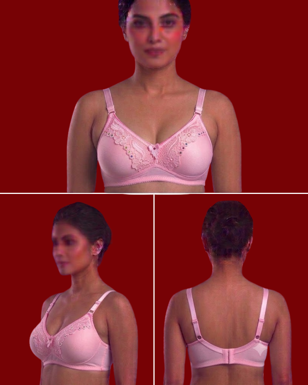 Women's Fancy Lace Trim Padded Bra – Stone Work Full Coverage T-Shirt Bra