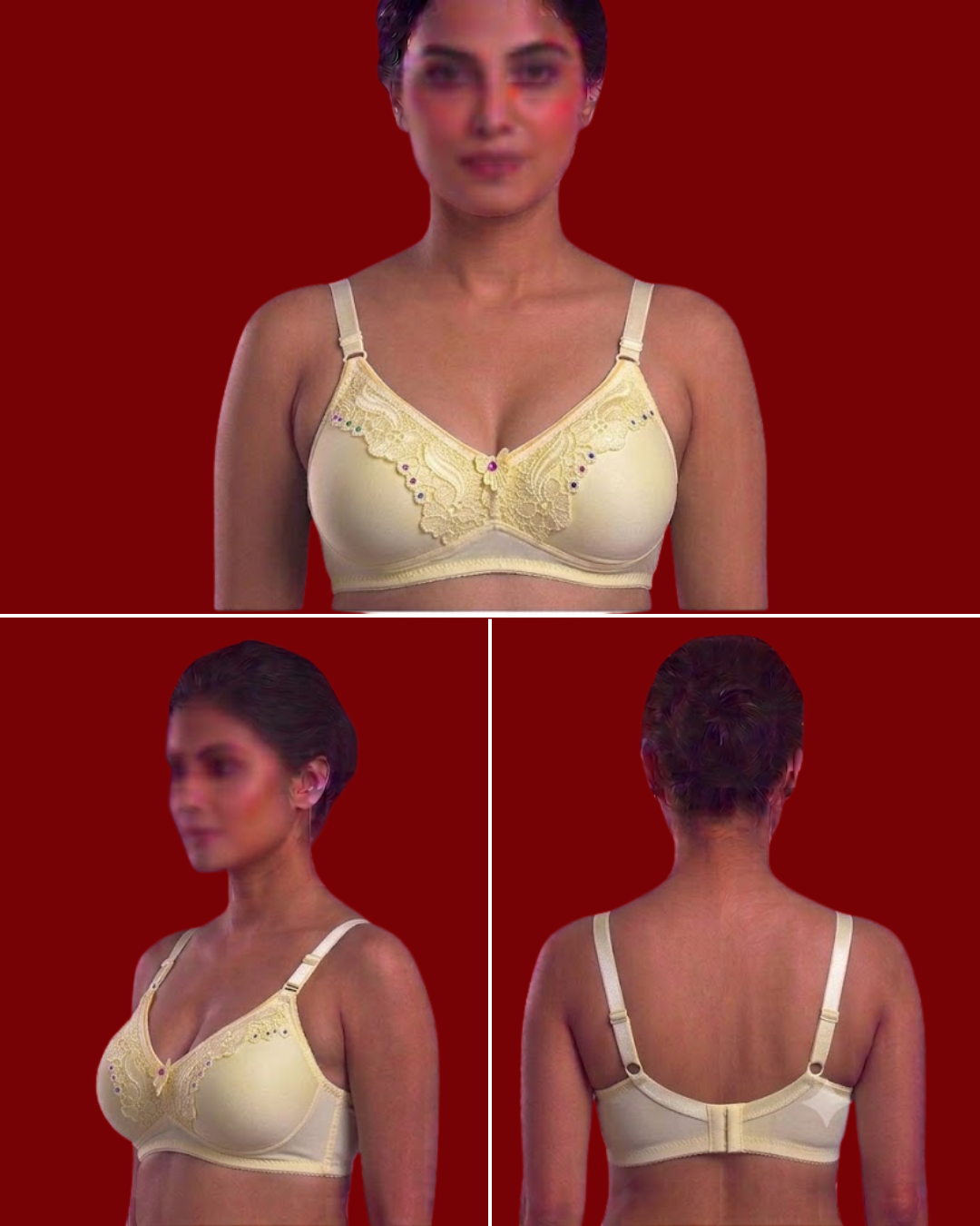 Women's Fancy Lace Trim Padded Bra – Stone Work Full Coverage T-Shirt Bra