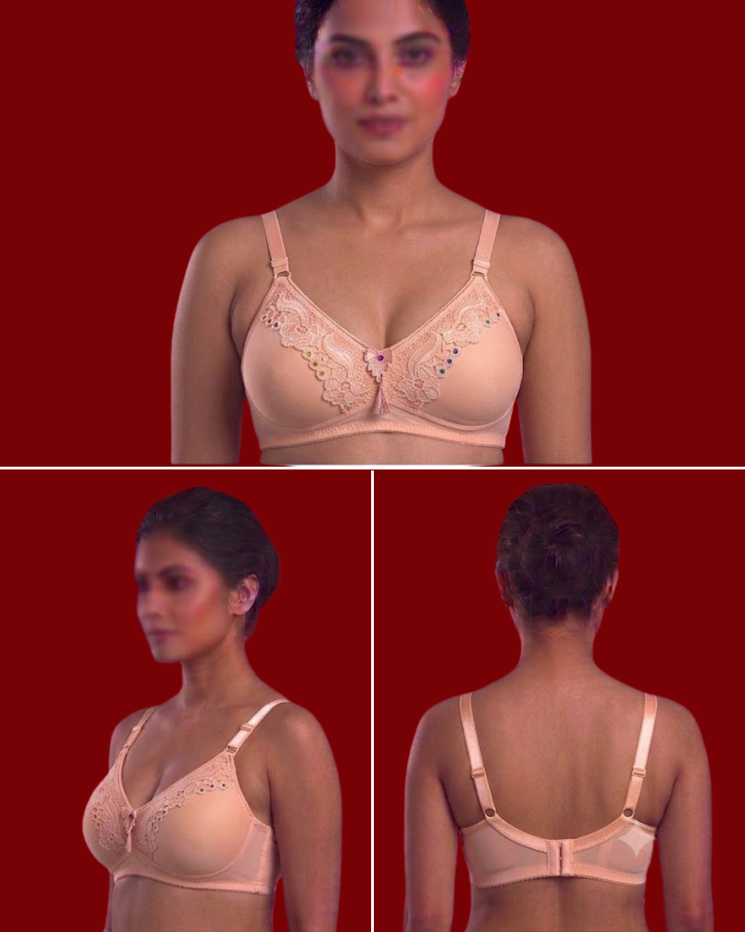Women's Fancy Lace Trim Padded Bra – Stone Work Full Coverage T-Shirt Bra