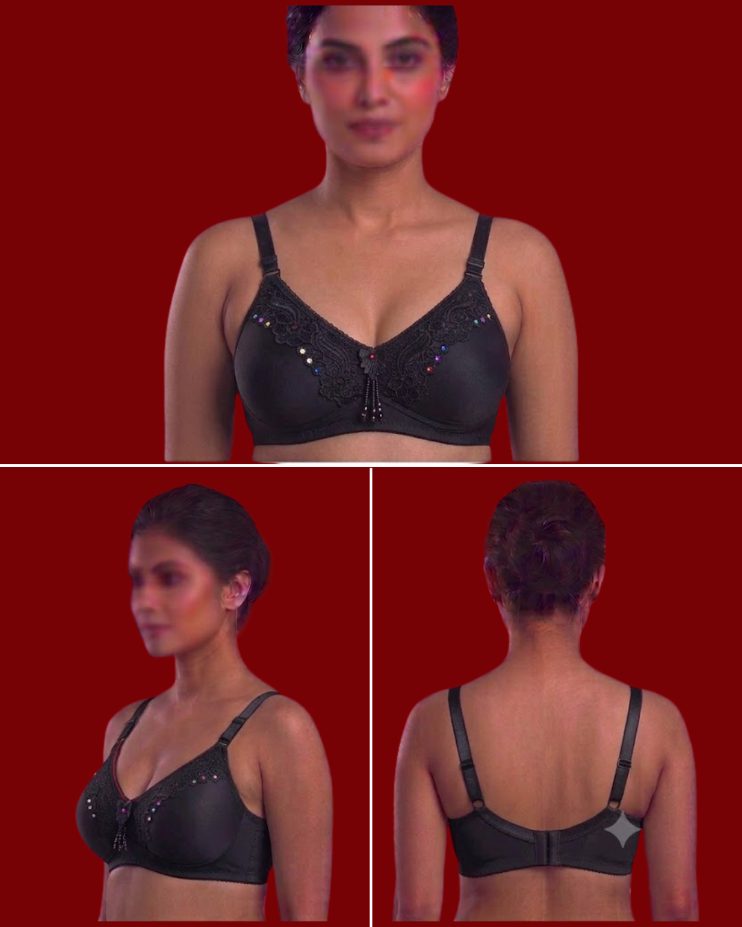 Women's Fancy Lace Trim Padded Bra – Stone Work Full Coverage T-Shirt Bra